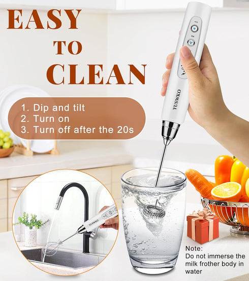 YUSWKO Milk Frother Handheld for Coffee with Stand, Rechargeable Drink Mixer with 3 Heads 3 Speeds Electric Coffee Frother Whisk, Gift for Many Oc...