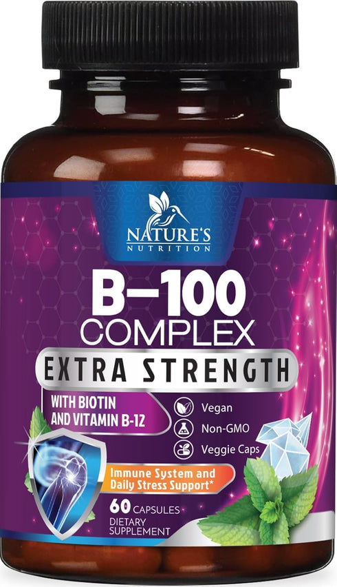 B Complex Vitamins with Vitamin B1 B2 B3 B6 B12 B100 C & Folic Acid - Supplement for Energy, Brain, & Immune Support - Super B Vitamin Complex for...