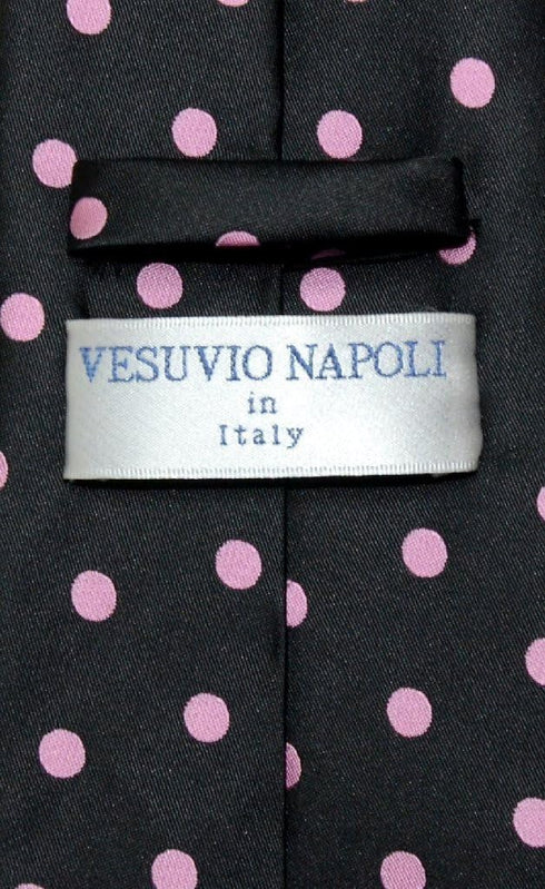 Vesuvio Napoli NeckTie BLACK w/Light PINK Polka Dots Design Men's Neck Tie...