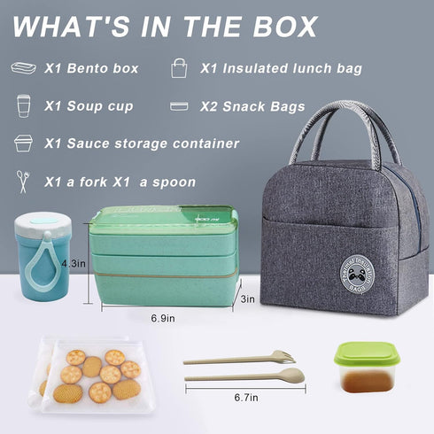 Bento Box Kit,Japanese Lunch Box 3-In-1 Compartment,Leakproof 3 Layer Lunch Container for Kids and Adults...