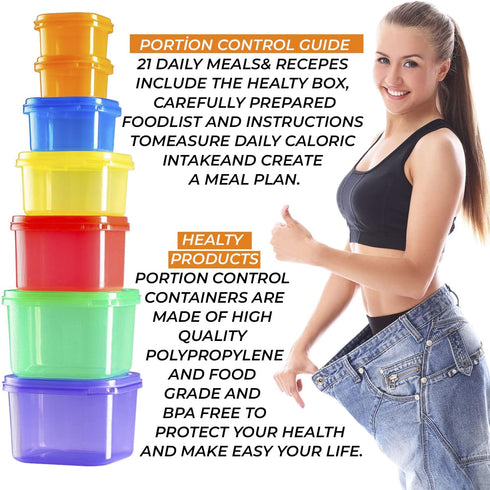 Portion Control Container and Food Plan - 21 Day Portion Control Container Kit for Weight Loss - 21 Day Tally Chart with e-Book (7 Labeled Pcs)...