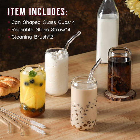 NETANY Drinking Glasses with Glass Straw 4pcs Set - 16oz Can Shaped Glass Cups for Beer, Iced Coffee, Tumbler Cup for Whiskey, Soda, Tea, Water, G...