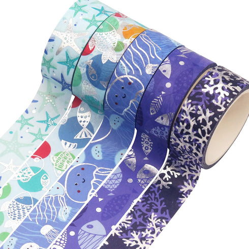 YUBX Ocean Blue Washi Tape Set 10 Rolls Silver Foil Print Decorative Masking Tapes for Arts, DIY Crafts, Journals, Planners, Scrapbook, Wrapping (...