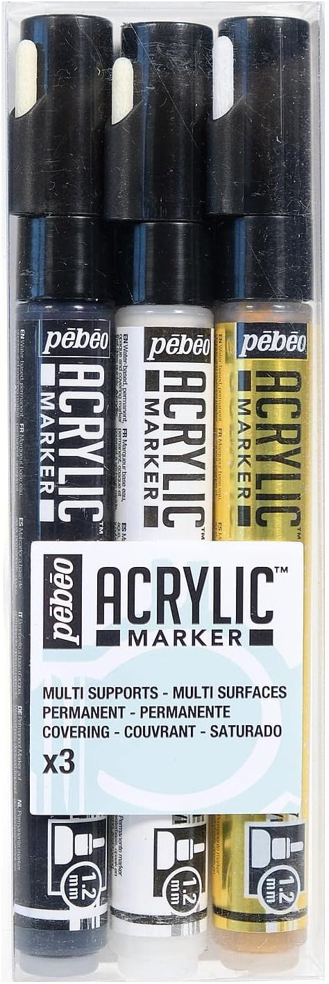 Pebeo PE201201 Acrylic Marker Set 1.2mm 3/Pkg-Black, White & Gold...