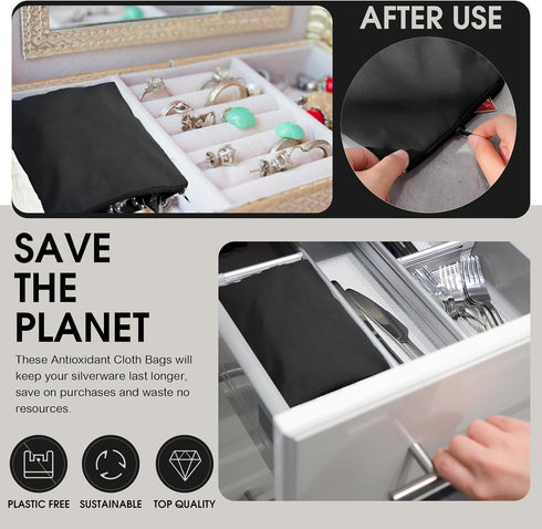 Sanwuta 8 Pcs Zippered Silver Storage Bags Anti Tarnish Bags Silver Pouches Silver Keeper Jewelry Storage Protector Bags (Black, 5.9 x 5.9 Inch)...