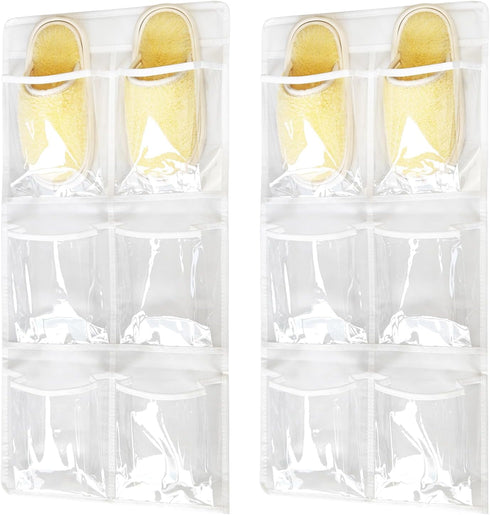 2 Pack 6 Clear Crystal Pockets Large Hanging Shoe Organizer Over The Door Shoe Rack for Closet Door Storage Shoe Holder Hanger, 4 Hooks, White (30...