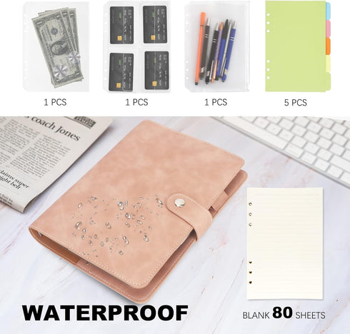 A5 Binder 6 Ring PU Leather Binder Notebook Soft Cover - Refillable Notebook A5 Planner Binder with Binder Pockets, Dividers, A5 Refill Paper, Lig...