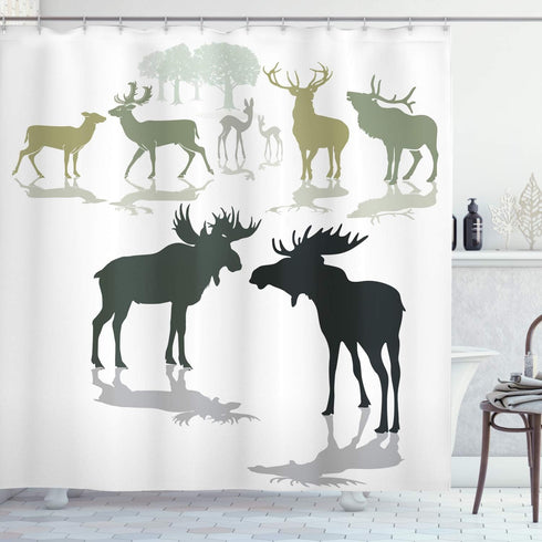 Ambesonne Antlers Shower Curtain, Elk Deer and Fawn Silhouette Forest at The Background World Natural Habitat Theme, Cloth Fabric Bathroom Decor S...