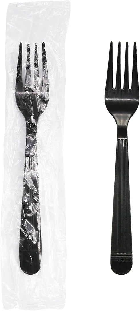Party Essentials Individually Wrapped Black Plastic Utensil Sets/Heavy Duty Flatware Packs, Fork, 100 Sets...