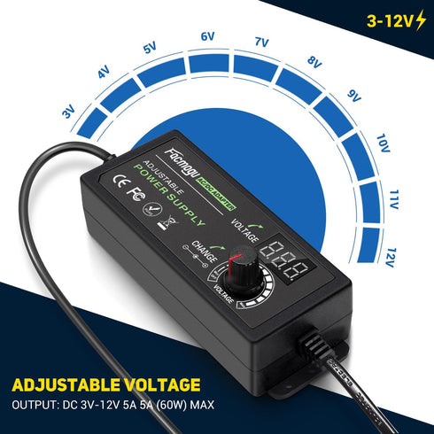 Facmogu 3V-12V 5A 60W Adjustable Power Supply with LED Display, Variable DC 3V 5V 6V 9V 12V Universal AC/DC Adapter, 100V-240V AC to DC 3-12V Swit...