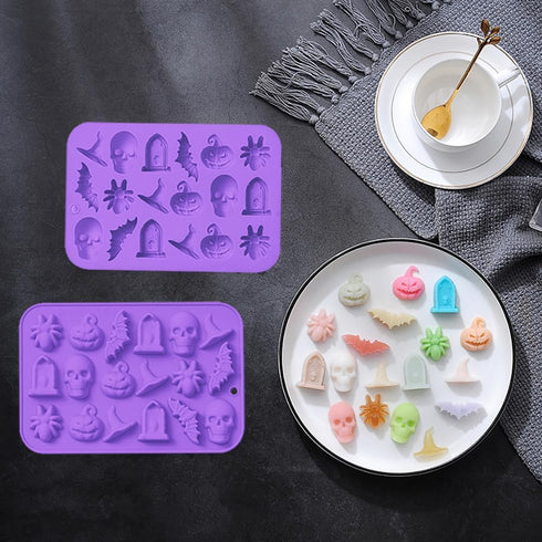 2 Pack Halloween Chocolate Mold, 3D Silicone Candy Molds Halloween Baking Mold Skull Pumpkin Spider Bat Witch Hat Gummy Fondant Mold for Candy Coo...