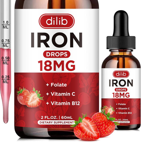 Liquid Iron Supplement for Women & Men Iron Drops Iron Supplements for Anemia with Folate, Vitamin C, B12 for Red Blood Cell Support-Strawberry, 2...