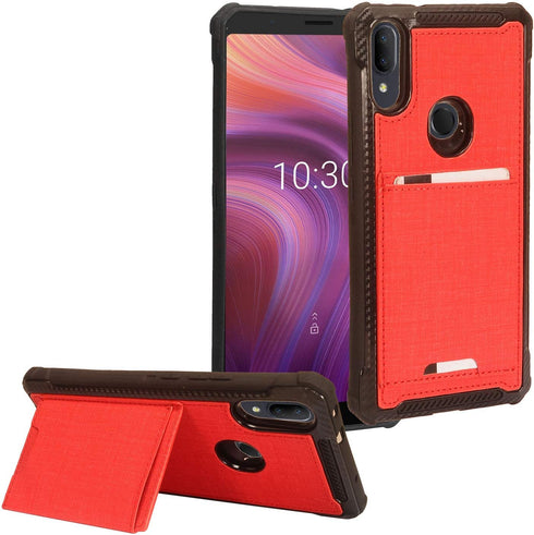for Alcatel 3V (2019) 5032W - Denim Hybrid Credit Card Pocket Slot/Stand Phone Case - EC5 Red...