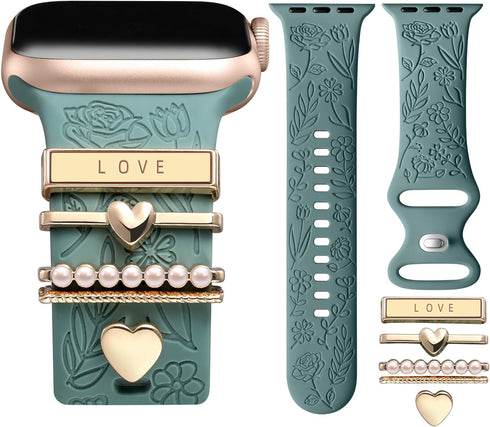 DaQin Flower Engraved Band Compatible with Apple Watch Bands 40mm for Women 38mm 41mm, Soft Silicone Sport Band With Decorative Apple Watch Charms...