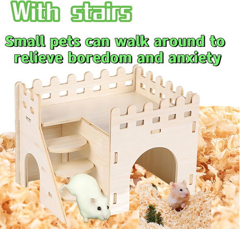 Tiny Hamster Wood House, Fun Playpen Sleeping House with Steps - Wooden Hamster House, Mouse Mice Cages' Habitat Decor for Dwarf Gerbil Mouse Mice...