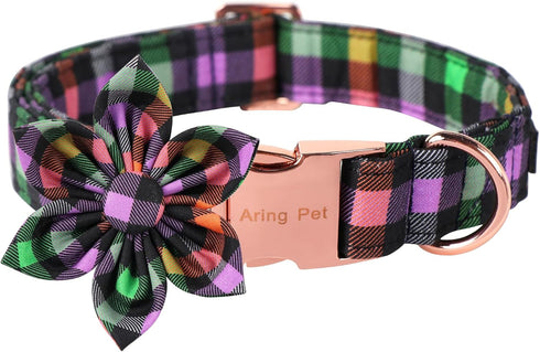 ARING PET Halloween Dog Collar, Cotton Fall Girl Dog Collar with Flower, Cute Adjustable Halloween Plaid Dog Collars with Metal Buckle...
