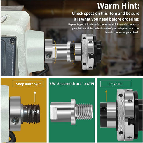 Lathe Headstock Spindle Adapter,Converts 5/8" Shopsmith to 1" x 8TPI for Woodworking Lathe...