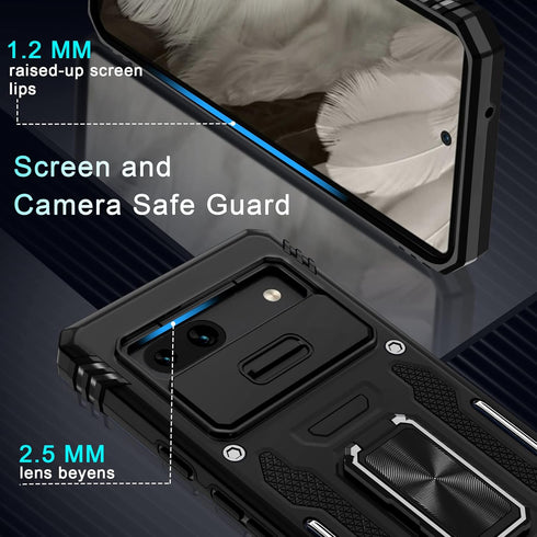 DEERLAMN Case for Google Pixel 7a with Slide Camera Cover+Screen Protector (2 Packs), Rotated Ring Kickstand Military Grade Shockproof Protective ...