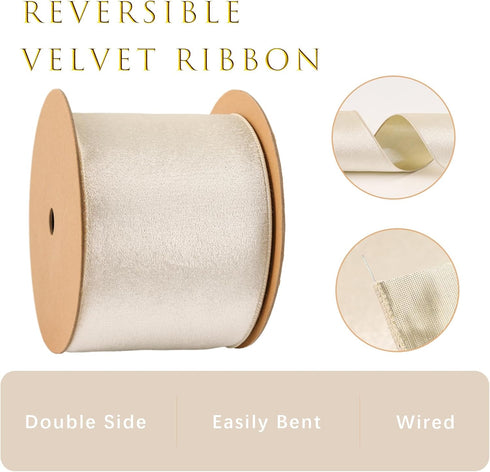 LaRibbons Ivory Gold Reversible Velvet Lurex Wired Ribbon, 4 Inch Crushed Velvet Ribbon for Gift Wrapping, Christmas Tree Decoration, Crafts Wreat...