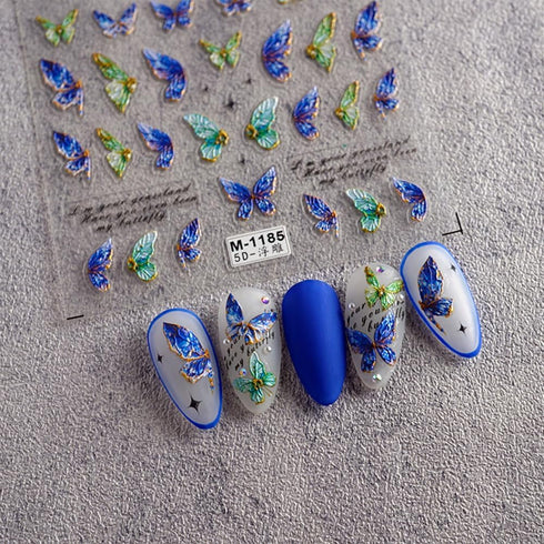Butterfly Nail Art Stickers Decals 5D Embossed Butterfly Nail Decals Acrylic Engraved Design Nail Stickers Blue and Green Butterfly Self-Adhesive ...