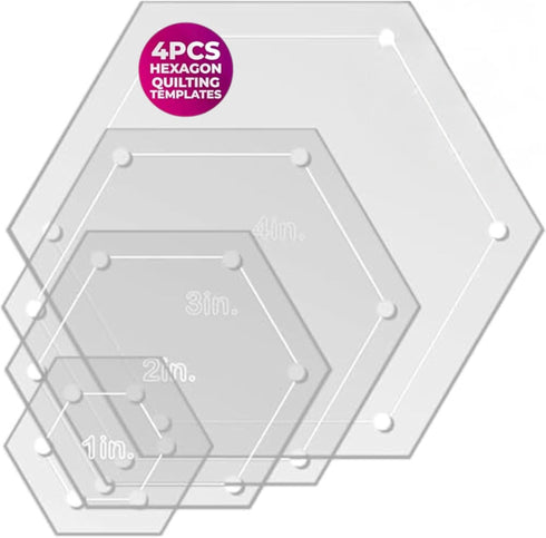Hexagon Quilting Template Set - 4", 3", 2", 1" Sizes with 1/4" Seam Allowance - Durable Acrylic Templates for Quilting, Patchwork, Crafting, & Sew...