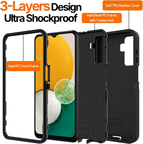 for Galaxy A13-5G Phone Case, (NOT FIT 4G) Samsung A13 Case with Glass Screen Protector, Full-Body Strong Protection Shockproof Heavy Duty Android...