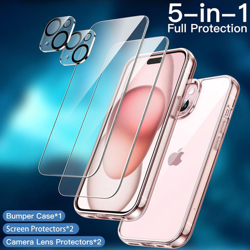 JETech 5 in 1 Case for iPhone 15 6.1-Inch with 2-Pack Each Tempered Glass Screen Protector and Camera Lens Protector, Non-Yellowing Shockproof Bum...