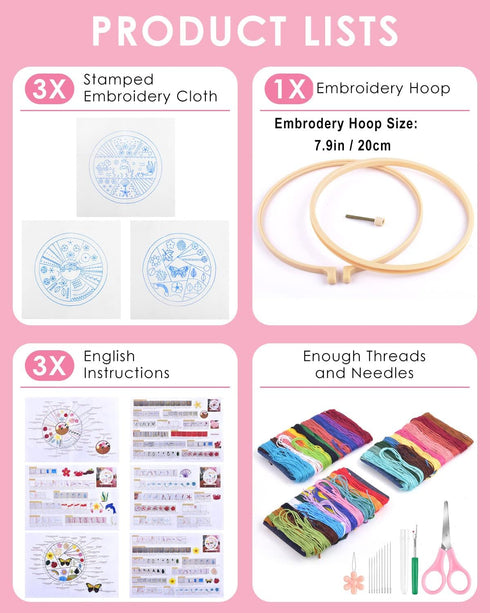 TINDTOP 3 Sets Beginners Embroidery Stitch Practice kit, Embroidery Kit for Beginners Include Embroidery Cloth Hoops Threads for Craft Lover Hand ...