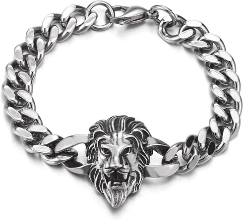 COOLSTEELANDBEYOND Heavy and Study Mens Biker Stainless Steel Lion Head Curb Chain Bracelet, Polished, Punk Rock...
