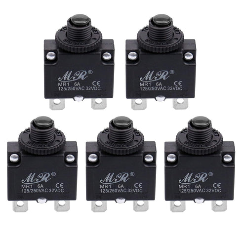 6 Amps Thermal Circuit Breakers, 125/250V AC 32V DC Push Button Manual Reset Overload Protector Circuit Breaker Switch 6A 5 Pack...