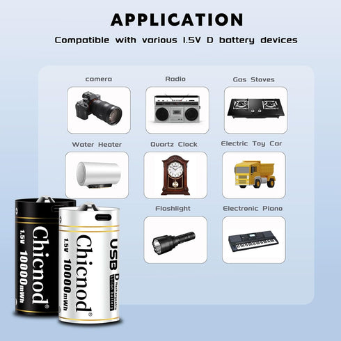 2pack D Batteries-DCell Batteries Rechargeable Lithium ion,1.5V 10000mWh Size D Battery for All Purpose with USB Charging Cord...