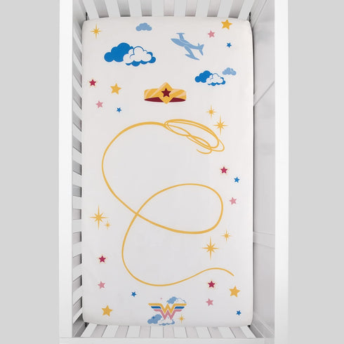 Warner Brothers Wonder Woman White and Gold Star-Tiara, Lasso of Truth, and The Invisible Jet Photo Op Nursery Fitted Crib Sheet...