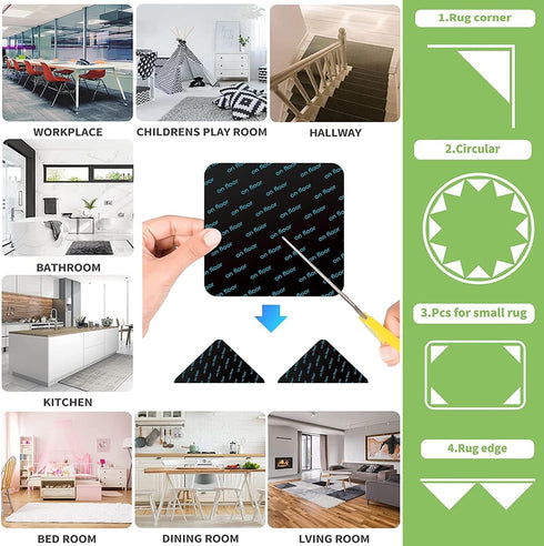 8 PCS Grippers of Rug Pad, Non-Slip Carpet Pad for Hardwood Floors and Tile, Reusable and Washable Area Carpet Tape, Double-Sided Adhesive Pads, K...