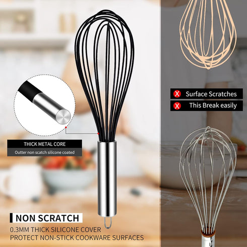 Silicone Whisk, Heat Resistant Stainless Steel Wire Whisk Set of 3, Kitchen Cooking Whisks No Scratch, Non-stick Cookware Balloon Egg Beater for B...