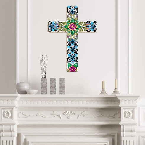 Floral Cross Wall Decor Hand Painted Decorative Inspirational Wooden Cross Mexican Art Wall Decor Mexican Crucifix for Home Room Church Decoration...