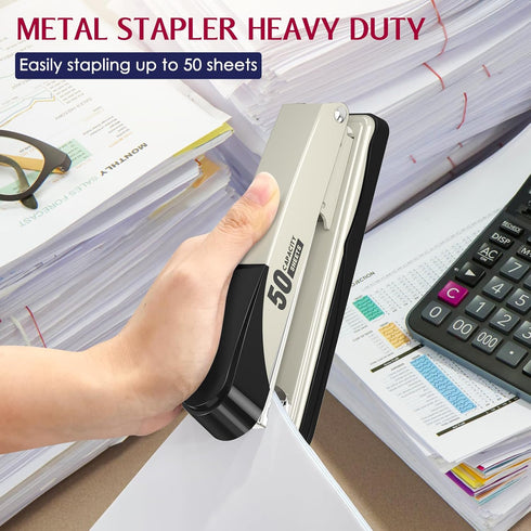 Metal Stapler Heavy Duty 50 Sheet Capacity with 1750 Staples and Staple Remover, White Stapler Full Strip Staplers for Desk, No Jam, Non-slip Offi...