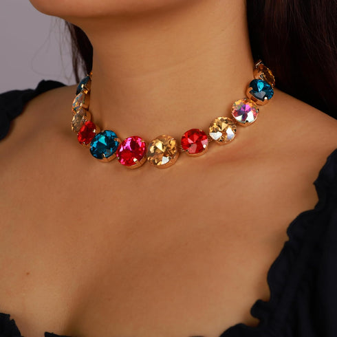 YERTTER Sparkle Full Rhinestone Choker Round Crystal Chain Necklace Earrings Set Crystal Statement Collar Clavicle Choker Necklace for Wedding Wom...
