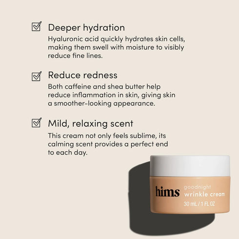 hims goodnight wrinkle cream for men - fine lines, puffiness, dark eye circles - caffeine, hyaluronic acid, night cream, almond scent - vegan, cru...