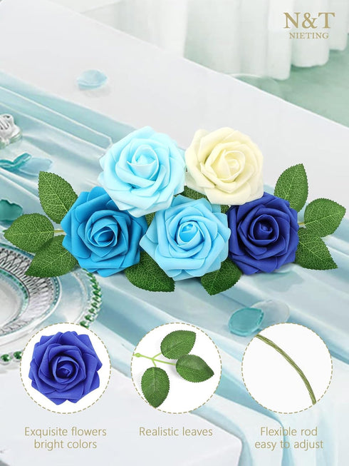 N&T NIETING Blue Roses Artificial Flowers, 25pcs Fake Flowers Rose Perfect for DIY Wedding Bridesmaid Bridal Bouquets Centerpieces Home Flower Arr...