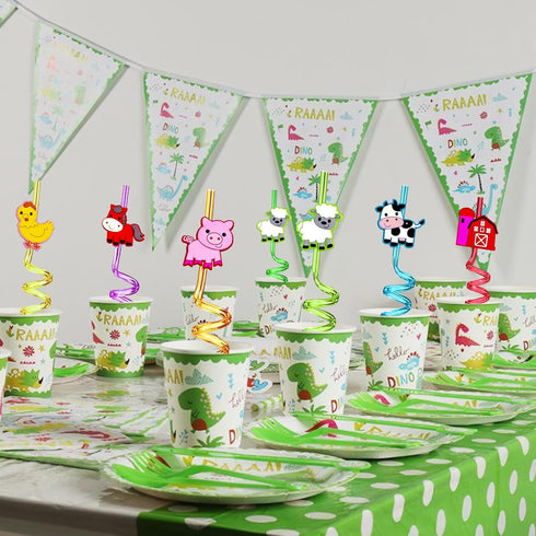 24pcs Farm Animals Party Favor Straws,Reusable Drink Birthday Party Straws,Chicken Sheep Horse Cow Pig Farm Party Supplies With 2 Cleaning Brushes...