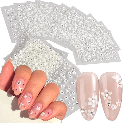 30Pcs/Set Glitter White Flower Nail Art Stickers, Small Floral Self Adhesive Nail Decals Nail Supplies White Flowers with Rhinestones Design- 3D N...