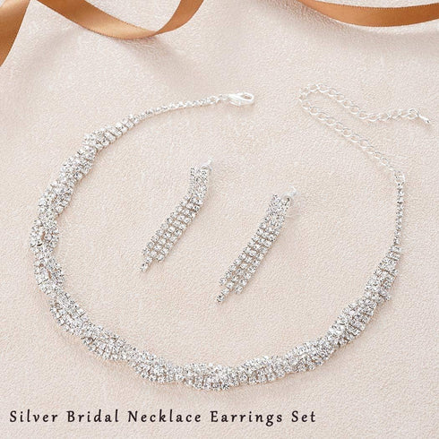 Unicra Bride Silver Necklace Earrings Set Crystal Bridal Wedding Jewelry Rhinestone Bridesmaid Party Choker Drop Dangle for Women and Brides...