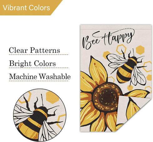 Bee Happy Garden Flag 12x18 Double Sided Vertical, Burlap Small Welcome Spring Summer Positive Garden Yard House Flags with Sunflower Decor Outsid...