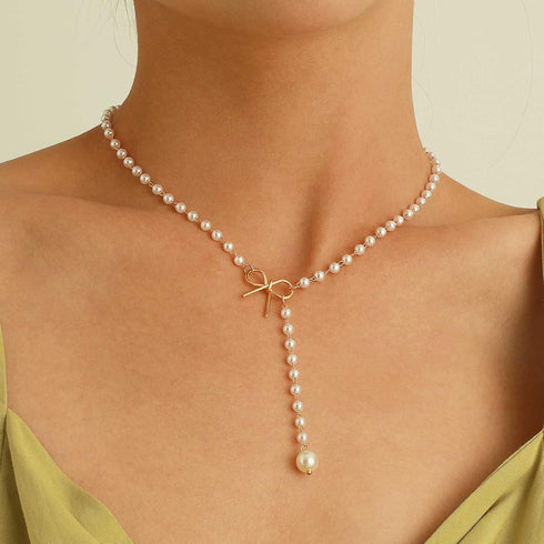 Boho Pearl Y Lariat Necklace Chain Pearl Beaded Choker Necklace Bow Knot Necklace Choker Pearl Y Drop Necklace Chain Jewelry for Women and Girls...