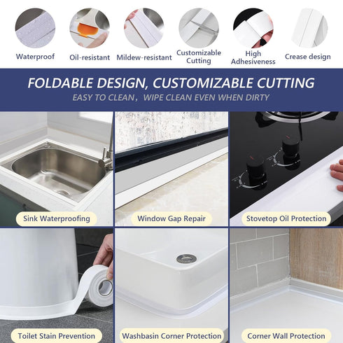 Self-Adhesive Caulk Tape - Waterproof Sealing Tape for Kitchens, Bathrooms, Toilets, and Showers - Easy to Apply, Flexible PVC Sealant Tape, White...