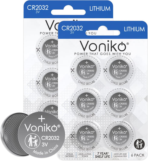 Voniko 3 Volt CR2032 Battery 12 Pack – Lithium Batteries – 2032 Button Battery Flat – 7 Years Shelf Life...