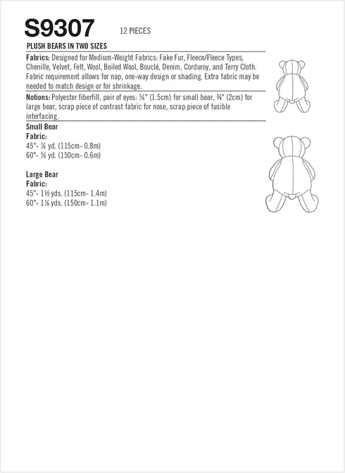 Simplicity Plush Bear Packet, Code 9307 Sewing Pattern, One Size, White...