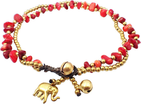 Handmade Red Carnelian Stone Elephant Charm Brass Beads Anklets Bracelet 10 Inches...