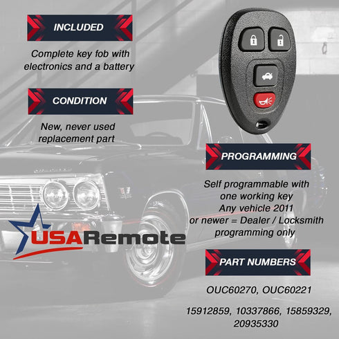 Keyless Entry Remote Ignition Key fits Buick Lucerne / Chevy Impala Monte Carlo / Cadillac DTS (OUC60270, OUC60221)...