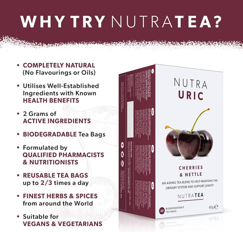 NUTRAURIC - Uric Acid Cleanse and Kidney Support – Kidney Cleanse Tea – Includes Cherry, Nettle & Turmeric - 40 Enveloped Tea Bags - by Nutra Tea ...